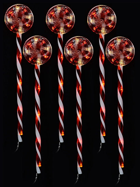 Christmas Warehouse - LITEPT20 6x LED Christmas Lollipop Path Lights - Red & White Candy Swirl Stakes | 50cm Red & White with Warm White