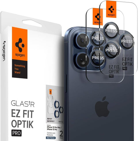 SPIGEN EZ Fit Optik Pro 2PCS Glass Camera Lens Protector for iPhone 17 Pro/Max/16 Pro/Max/15 Pro/Max/14 Pro/Max (Blue Titanium)