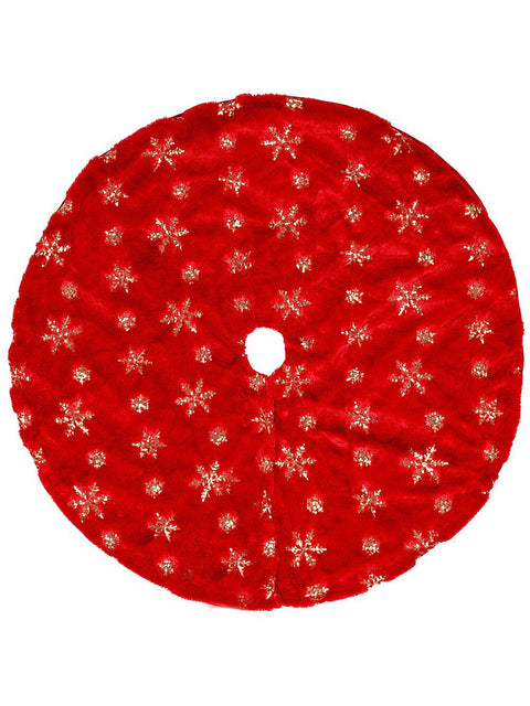 Christmas Warehouse - SKRT2402 1m Red Plush Faux Fur & Gold Sequin Snowflake Christmas Tree Skirt Red with Gold