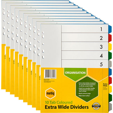 Marbig Extra Wide Dividers PP 10-Tab A4 Assorted Colours 10 Pack