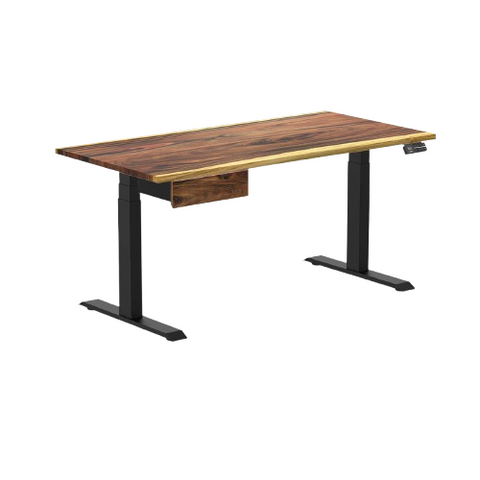 Desky Dual Hardwood Standing Desk With Drawer 150cm Saman Desktop and Matte Black Frame