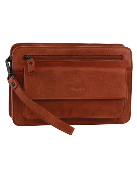 Pierre Cardin Men's Leather Multi Compartment Organiser Bag 25x17cm Cognac