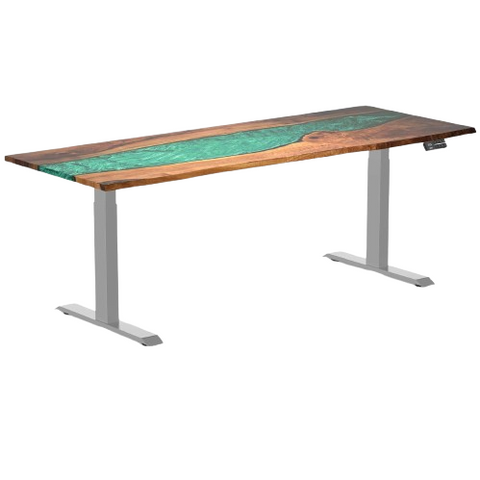 Desky Dual Resin Hardwood Sit Stand Desk 200cm Natural Walnut Emerald River Desktop and Grey Frame