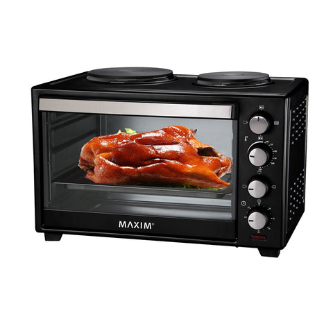 Maxim Countertop Oven With Hot Plates 30L 100-250C 60 Min Timer (Black Wire Rack)