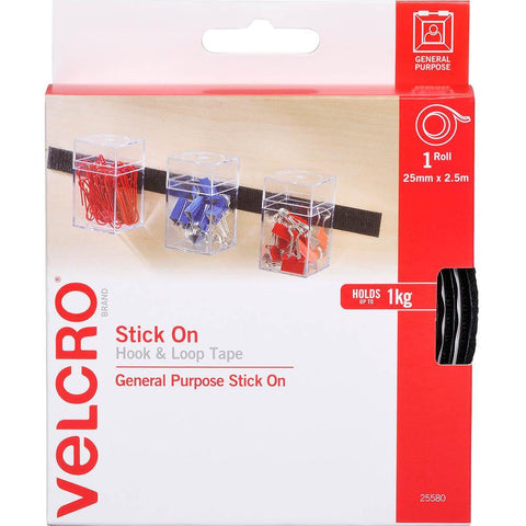 Velcro Stick On Hook And Loop Tape 25mm x 2.5m (Black)