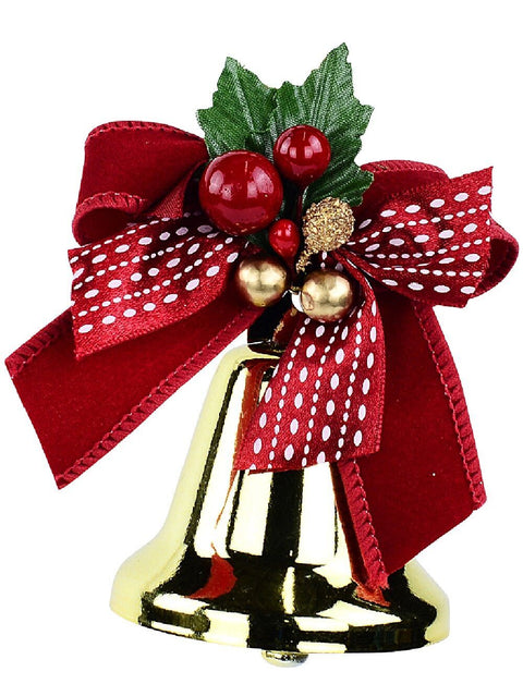 Christmas Warehouse - DECRH026 Shiny Gold & Red Bow Whimsical Signature Tinkling Bell Drop | 10cm Gold with Red & Green