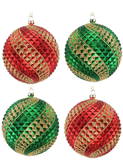 Christmas Warehouse - DECR9159 4x Dynamic Red & Green Signature Durian Gold Swirl Baubles | 10cm Red & Green with Gold