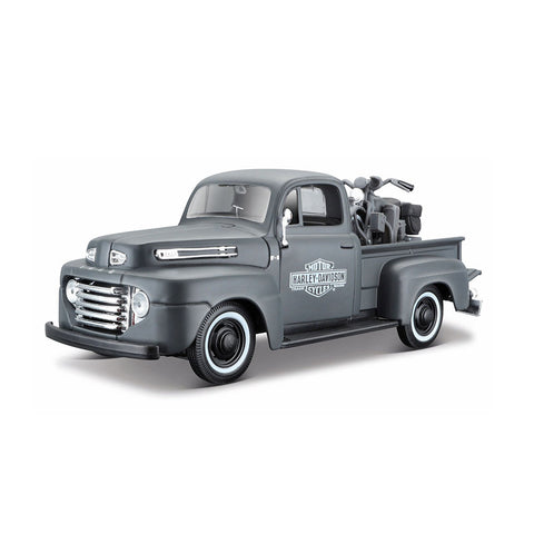 Maisto Licensed 1:24 Scale Harley-Davidson 1948 Ford F1 Pickup & 1942 WLA Flathead Model Car Grey