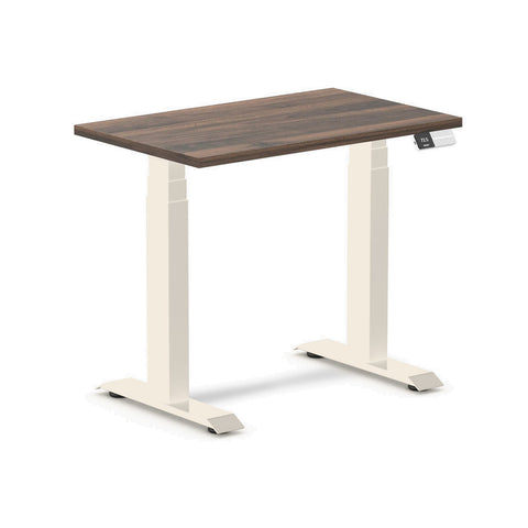 Desky Dual Mini Sit Stand Desk 800x500 Jarrah Legno Desktop and Wheat Frame