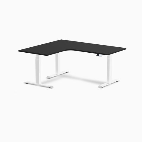 Desky L-Shape Melamine Sit Stand Desk 160cm - Left Return Black Top and White Leg