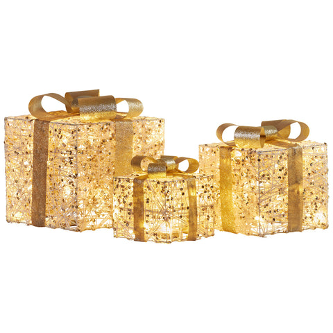 Christabelle Set of 3 Battery Operated Golden Christmas Gift Boxes Warm White LED Lights Indoor Decorative Holiday