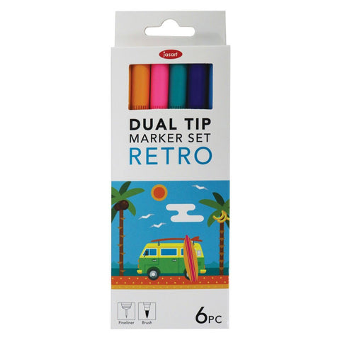Jasart Dual Nib Brush Fineliner 0.4mm Pen/Marker Set (Retro) [6-Pieces]