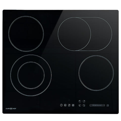 EuroChef 59cm 4 Zone Ceramic Cooktop, 6600W Electric, FlexiZone Adjustable Size Hobs, Touch Controls