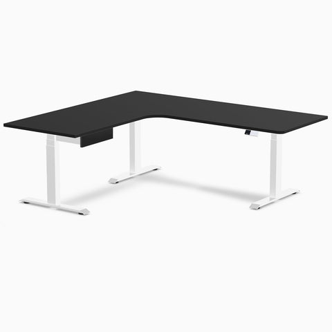 Desky L-Shape Melamine Standing Desk With Drawer 200cm - Left Return Black Top and White Leg