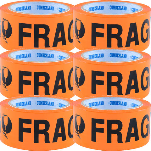 Cumberland Printed Fragile Tape Orange/Black Packing Packaging Pack 6