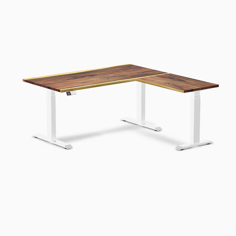 Desky Hardwood L-Shape Sit Stand Desk 150 x 155 cm Saman Top and White Leg