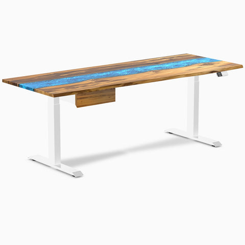 Desky Dual Resin Hardwood Standing Desk With Drawer 200cm Teak Blue River Desktop and White Frame