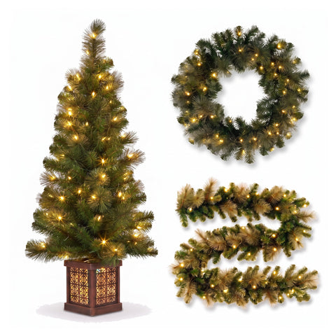 Christabelle Gold Pine Shimmer Christmas 3pc Set 1.2m Potted Christmas Tree Wreath and Garland with LED Lights Decor