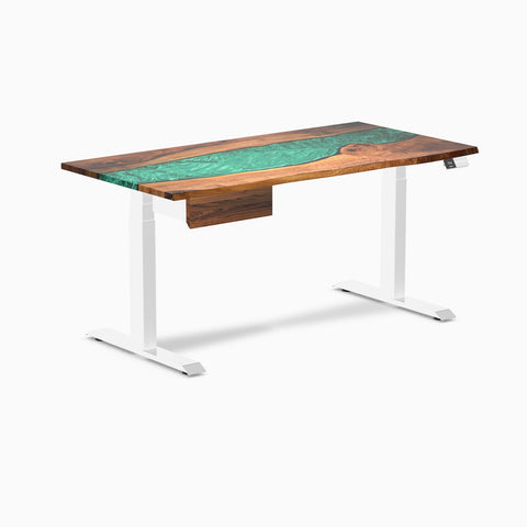 Desky Dual Resin Hardwood Standing Desk With Drawer 150cm Natural Walnut Emerald River Desktop and White Frame