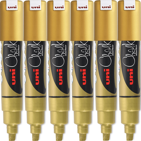 Uni-Ball PWE8K 6 Pack Chalk Marker Chisel Tip 8mm Thick (Gold)