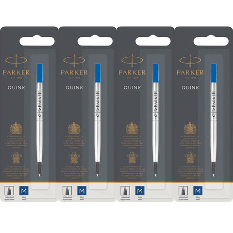 Parker 4 Pack Quink Flow Pen Refill Rollerball Medium Nib (Blue)
