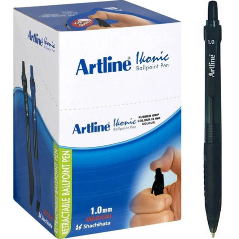 Artline Ikonic 8410 Grip Retractable Ballpoint Pen Medium (Black) [Pack 50]
