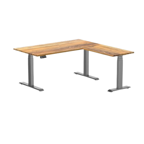 Desky Hardwood L-Shape Sit Stand Desk 150x155cm Teak and Space Grey Leg