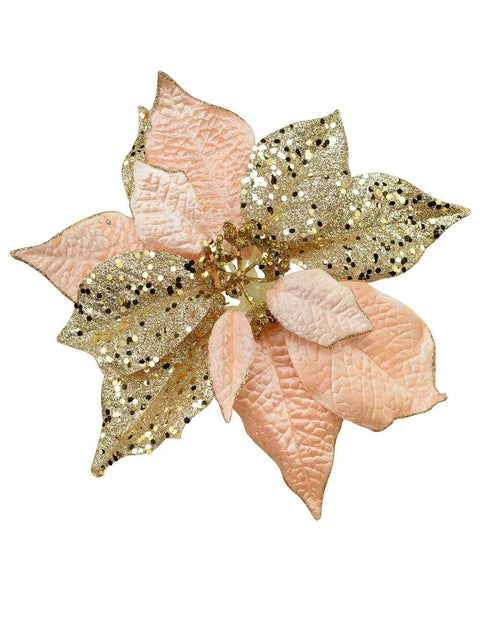 Christmas Warehouse - PICK2024 Pink & Gold Two Style Bract Poinsettia Christmas Tree Clip Pick | 24cm Pink & Gold