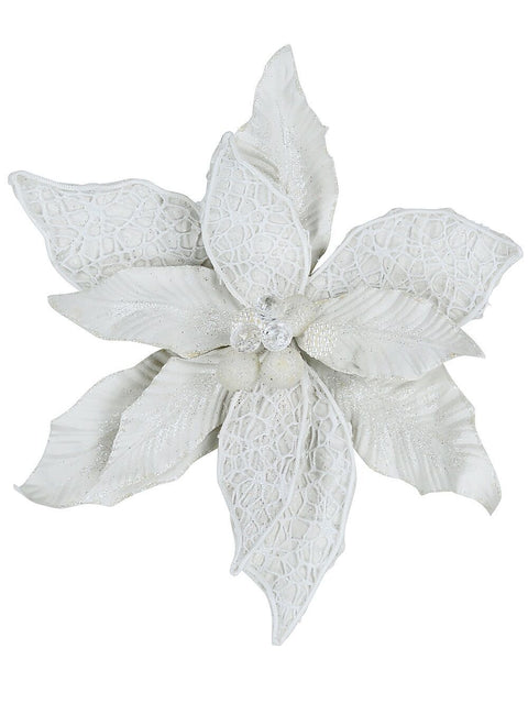 Christmas Warehouse - PICK2402 Ivory Web Mesh & Textured Poinsettia Christmas Tree Clip Pick | 30cm Ivory with Clear