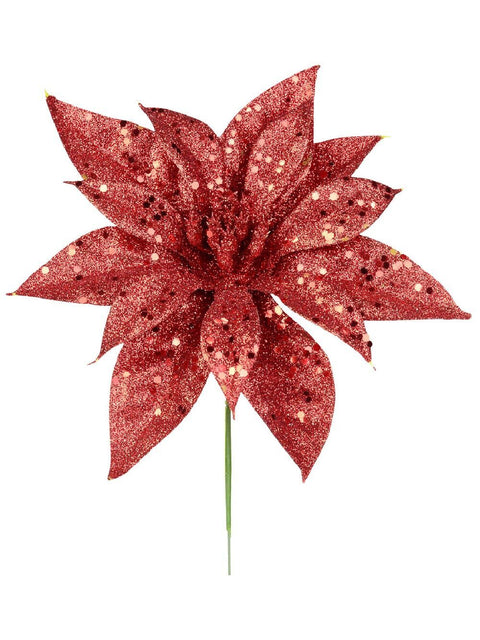 Christmas Warehouse - PICK1844 Red Glitter & Sequin Poinsettia Christmas Tree Stem Pick | 19cm Red