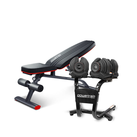 Powertrain 80KG Adjustable Dumbbell Set & Stand with FID Weight Bench