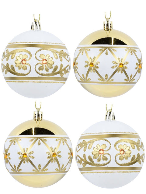 Christmas Warehouse - DECR9147 4x Opulent White & Gold Statement Filigree & Teardrop Baubles | 80mm White with Gold & Orange