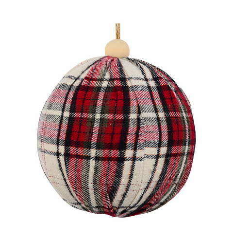 Christmas Warehouse - DECR2608 Heritage Red & Beige Grand Tartan Plaid Fabric Bauble 12cm