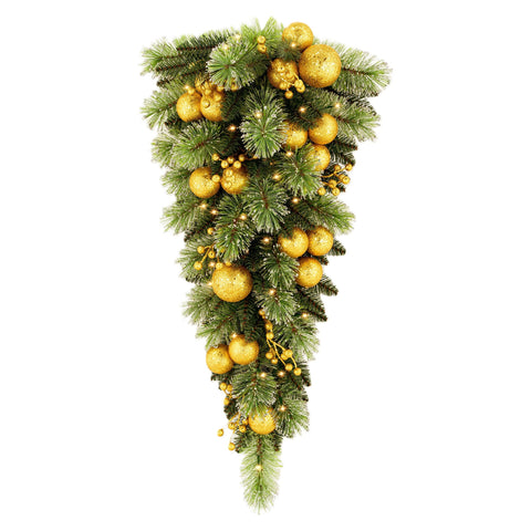 Christabelle 90cm Gold Christmas Teardrop Wreath Pre Lit Warm White LED Timer Baubles Berries Front Door Xmas Decoration