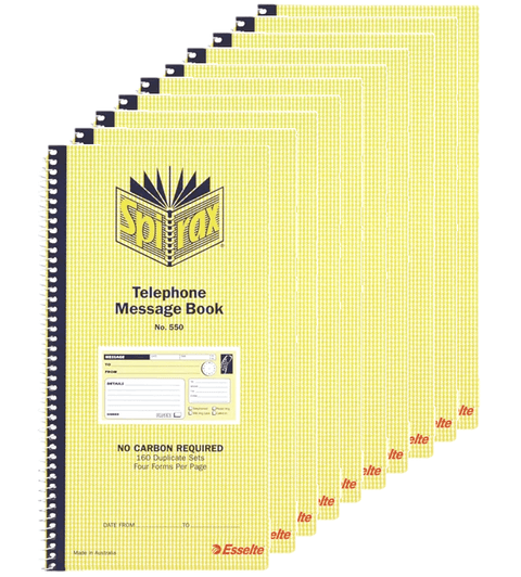 Spirax 10 Pack 550 Telephone Message Book Carbonless 160 Page 279x144mm
