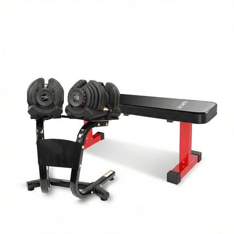 Powertrain 80KG Adjustable Dumbbell Set & Stand with Flat Bench