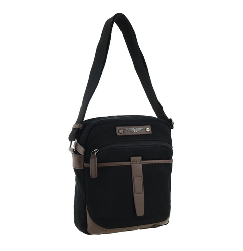 Police Rustic Men's Canvas Shoulder Crossbody Bag with Zip Pocket 29cm (Black)