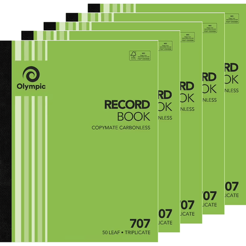 Olympic 5 Pack 707 Triplicate Carbonless Record Book 50 Leaf Bulk