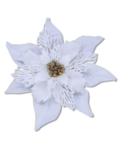 Christmas Warehouse - PICK2304 White With Gold Cyathia Poinsettia Christmas Tree Clip Pick | 22cm White with Gold