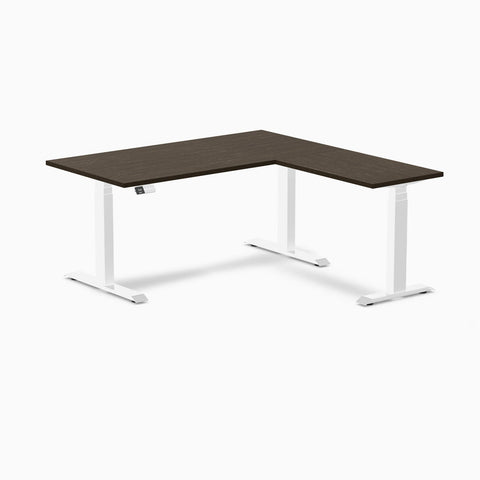 Desky Bamboo L-Shape Sit Stand Desk 150 x 155 cm Dark Bamboo Top and White Leg
