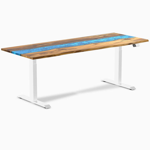 Desky Dual Resin Hardwood Sit Stand Desk 200cm Teak Blue River Desktop and White Frame