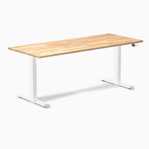 Desky Dual Rubberwood Sit Stand Desk 180cm Natural Timber Desktop and White Frame