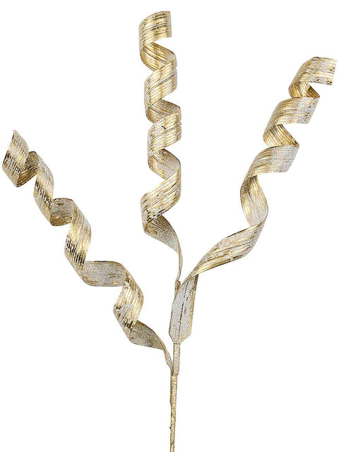 Christmas Warehouse - STEM2512 Gold Curly Ribbon Spray With Iridescent Glitter Long Christmas Stem | 62cm Gold with Iridescent