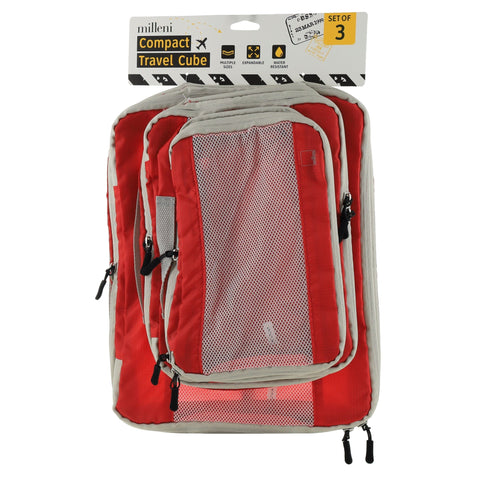 Milleni 3-Piece Compact Water-Resistant Travel Cube Set (Red)