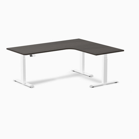 Desky L-Shape Melamine Sit Stand Desk 180cm - Right Return Burnished Wood Top and White Leg