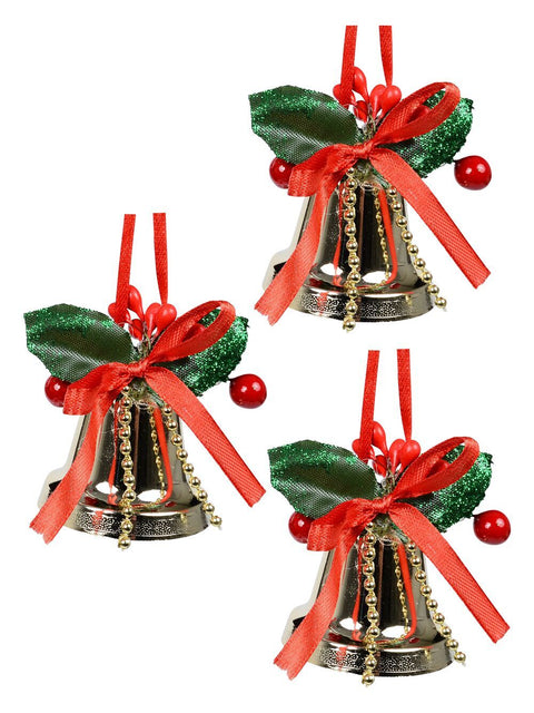 Christmas Warehouse - PREDG120 3x Gold Glossy Whimsical Essential Bell Drop | 50mm Gold with Green & Red