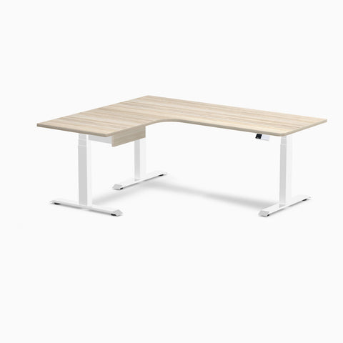 Desky L-Shape Melamine Standing Desk With Drawer 180cm - Left Return Classic Oak Top and White Leg