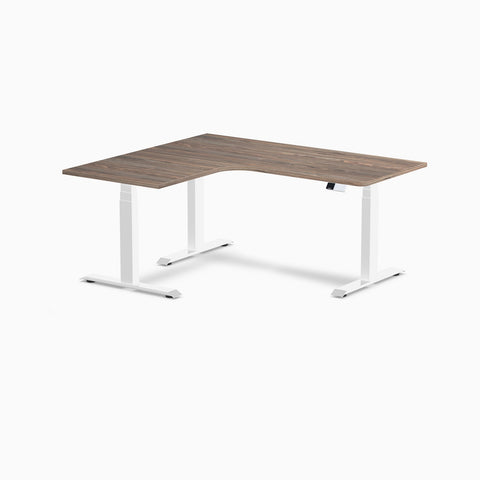 Desky L-Shape Melamine Sit Stand Desk 160cm - Left Return Natural Walnut Top and White Leg
