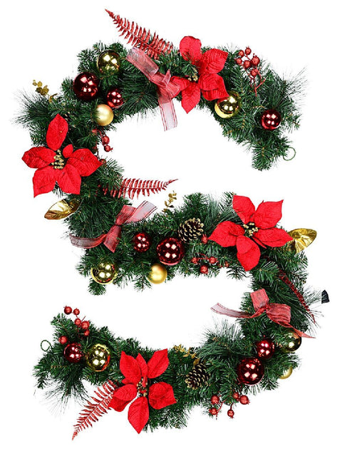 Christmas Warehouse - PREDG251 2.7m Decorated Red & Gold Poinsettia Christmas Garland | Baubles & Mesh Bows Red & Gold on Green