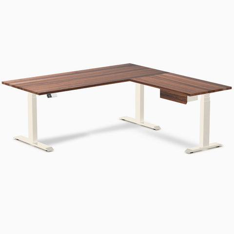 Desky Hardwood L-Shape Standing Desk With Drawer 180 x 175 cm Walnut / Wheat Top and Wheat Leg